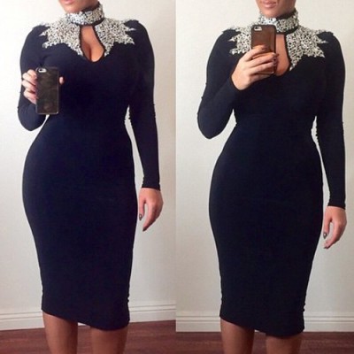 Sexy Turtle Neck Long Sleeve Hollow Out Spliced Dress For Women