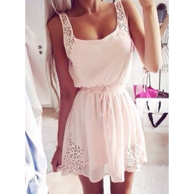 Simple Square Neck Sleeveless Waist Drawstring Solid Color Dress For Women light pink