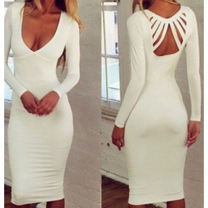 Solid Color Sexy Plunging Neck Long Sleeve Women's Dress white