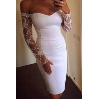 Strapless Long Sleeves Lace Splicing Elegant Dress For Women white