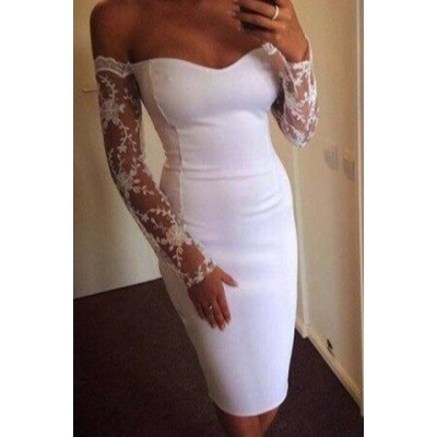 Strapless Long Sleeves Lace Splicing Elegant Dress For Women white