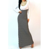 Stripe Print Stylish Scoop Neck Long Sleeve Maxi Dress For Women