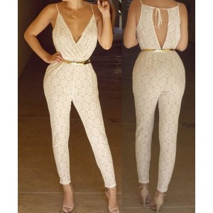 Stylish Plunging Neck Sleeveless Hollow Out Lace Jumpsuit For Women white