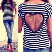 Stylish Scoop Collar Short Sleeve Striped Hollow Out T-Shirt For Women