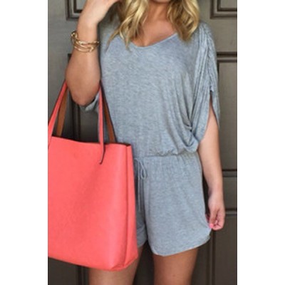 Stylish Scoop Neck Half Sleeve Solid Color Drawstring Romper For Women gray