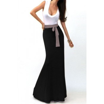 Stylish U Neck Color Block Sleeveless Dress For Women plum black khaki