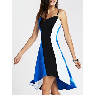 Trendy Spaghetti Strap Color Block High Low Dress For Women blue and black