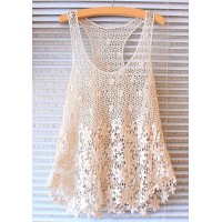 U-Neck Sleeveless Solid Color Hollow Out Sweet Lace Tank Top For Women white