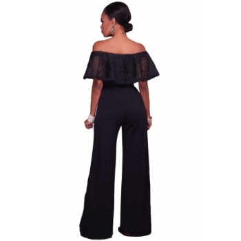 White Embroidery Ruffle Top Off Shoulder Jumpsuit Black