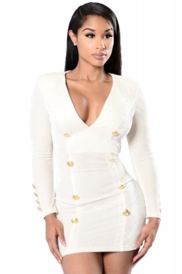 White Gold Sailor Button Detail Long Sleeve Velvet Dress