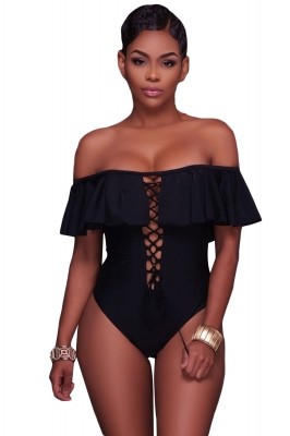 Black Ruffle Off-The-Shoulder One Piece Swimsuit Pink