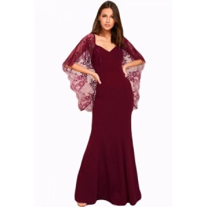 Black V Cut Open Back Lace Cape Sleeve Maxi Evening Dress Red