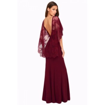 Black V Cut Open Back Lace Cape Sleeve Maxi Evening Dress Red