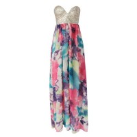 Bohemian Women's Strapless Sequined Floral Print Dress