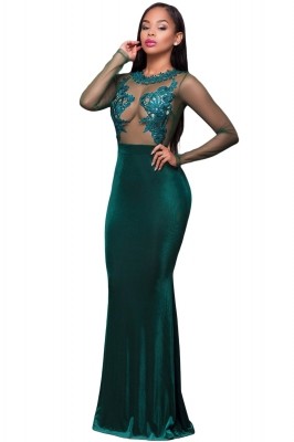 Burgundy Long Sleeve Lace Mesh Mermaid Party Dress Green