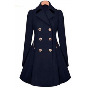Fashionable Women's Turn-Down Collar Long Sleeve Double-Breasted Coat blue apricot