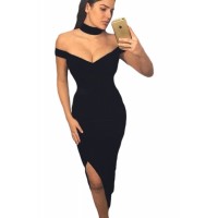 Luxurious Velvet Long Party Dress with Choker Black Red