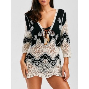 Plunge Crochet Lace Insert Beach Cover Up white black