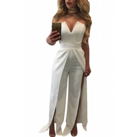 Red Wide Slit Legs Jumpsuit White (Red Wide Slit Legs Jumpsuit White ...