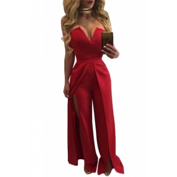 Red Wide Slit Legs Jumpsuit White