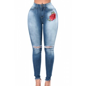 Rose Embroidered Knee Distress Blue Skinny Jeans