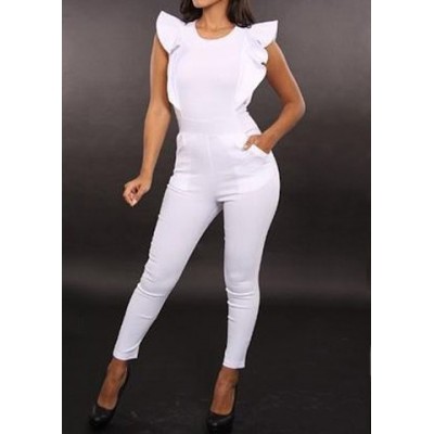 Round Neck Flounce Solid Color Stylish Jumpsuit For Women white black