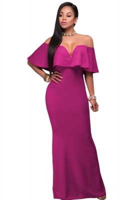  Ruffle Off Shoulder Maxi Party Dress Rosy Blue Red Black