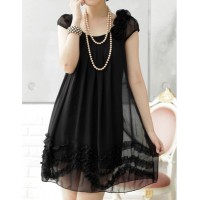 Ruffled Casual Scoop Neck Solid Color Stereo Flower Short Sleeve Chiffon Dress For Women black