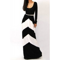 Sexy Color Block Stripe Comfy Round Neck Long Sleeve Maxi Dress For Women white black red