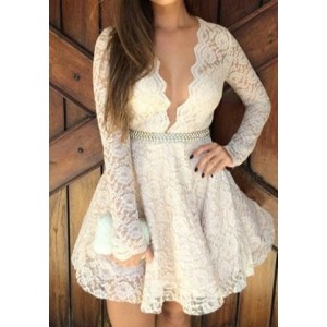 Sexy Lace Plunging Neck Long Sleeve Spliced Dress For Women white
