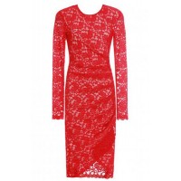 Sexy Lace Round Collar Long Sleeve Asymmetrical Bodycon Dress For Women red