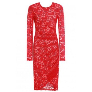 Sexy Lace Round Collar Long Sleeve Asymmetrical Bodycon Dress For Women red