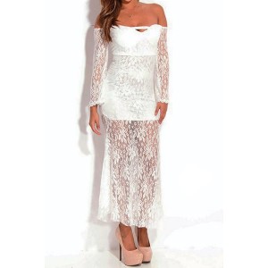 Sexy Lace Slash Collar Long Sleeve Spliced See-Through Dress For Women white
