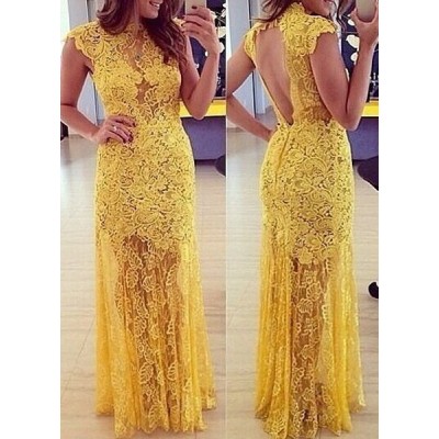 Sexy Lace Stand-Up Collar Sleeveless Backless See-Through Dress For Women yellow