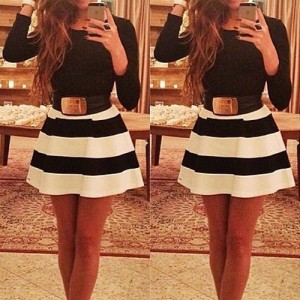 Simple Scoop Neck Long Sleeve Color Block Striped Dress For Women white black