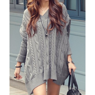 Simple V-Neck Long Sleeve Solid Color Loose-Fitting Knitted Dress For Women gray white
