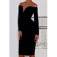 Slash Neck Long Sleeves Solid Color Sexy Dress For Women black