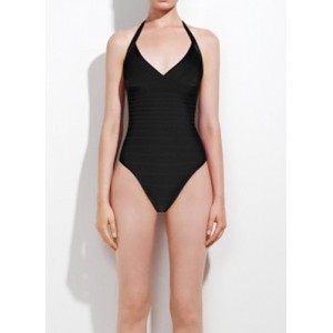 Solid Color Sexy Halterneck One-Piece Swimwear For Women black