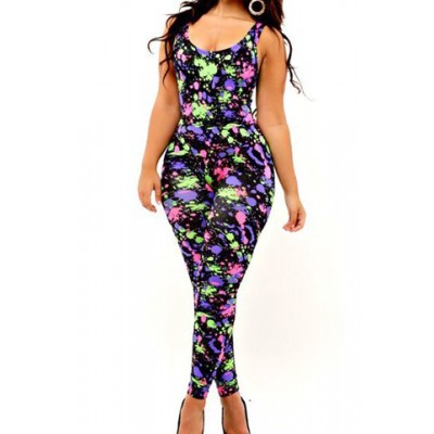 Stylish Scoop Neck Sleeveless Printed Bodycon Slimming Jumpsuit For Women