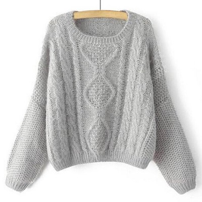 Stylish Women's Jewel Neck Cable-Knit Long Sleeve Sweater gray khaki