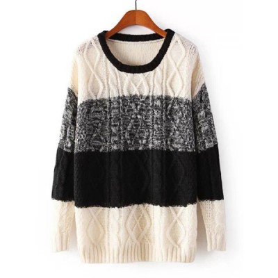 Stylish Women's Scoop Neck Color Block Cable-Knit Sweater