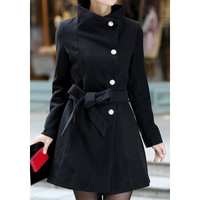 Stylish Women's Stand Collar Long Sleeve Solid Color Coat black grey red