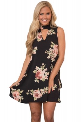V Cut out Blooming Floral Print Black Background Dress