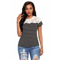 White Striped Cap Sleeve Top with Lace Detail Black