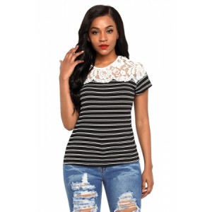 White Striped Cap Sleeve Top with Lace Detail Black