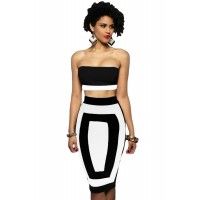 Bandeau Color-block Two Pieces Skirt Set Black White