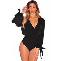 Black Faux Wrap Cut Out Sleeves Bodysuit Red