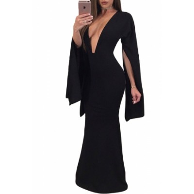 Black Sexy Plunge Split Long Sleeve Maxi Dress