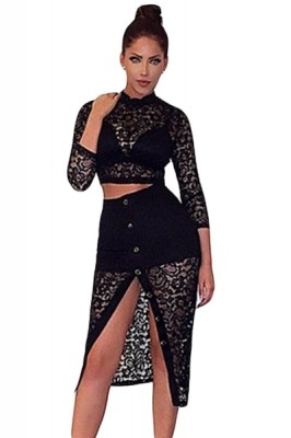 Black Sheer Lace Crop Top Midi Split Skirt Set
