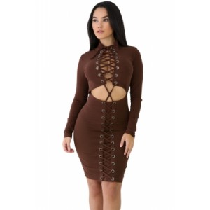 Brown Lace-up Corset Cut Out Long Sleeve Dress